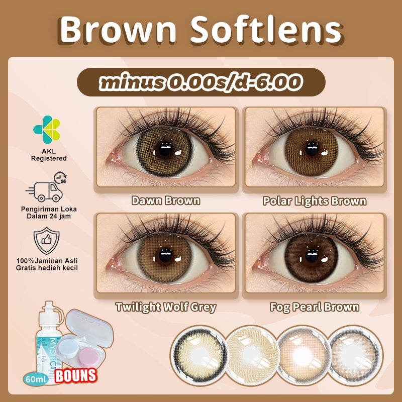 MysticEyes Brown Series Colored Contact Lenses - Power Range: 0.00 to -6.00 - Includes 1 Pair Lenses, 60ml Lens Solution, and Free Case
