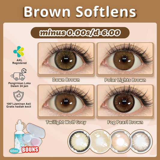 MysticEyes Brown Series Colored Contact Lenses - Power Range: 0.00 to -6.00 - Includes 1 Pair Lenses, 60ml Lens Solution, and Free Case