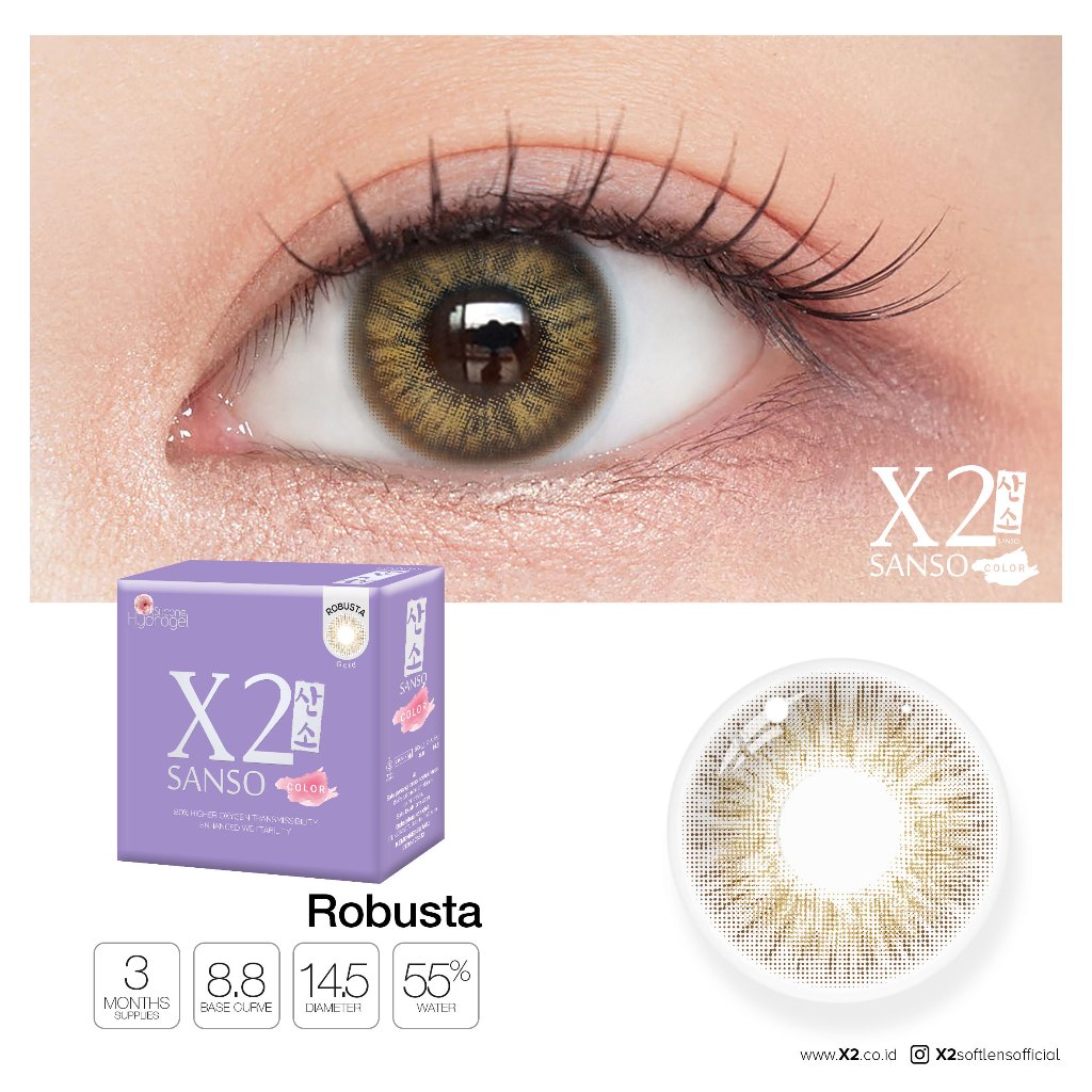 New X2 Sanso Color Robusta, Rootbeer, Dirty Matcha Softlens - Soflens X2 Diameter 14.5mm
