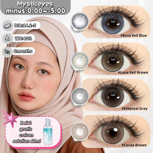 Mysticeyes Color Contact Lenses (0.00 to -5.00) in Grey, Brown, Black | 40% Water | 14.2-14.5mm